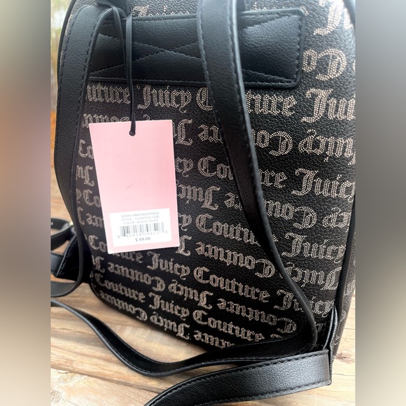Juicy Couture Good Vibes Backpack Black/Taupe Gothic & Gold Tone Bag Charms